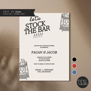 Stock the bar-uitnodiging, handgetekende uitnodigingssjabloon voor een douche voor stellen, boozy parendouche, uitnodiging voor barwagen, 5 x 7 canvas-sjabloondownload