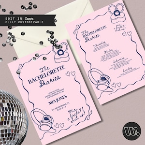 The Bachelorette Diaries, plantilla de despedida de soltera, club social genovia, itinerario de diario de princesa, plantilla canva 5x7, ¿yo una novia? ¡Cállate!