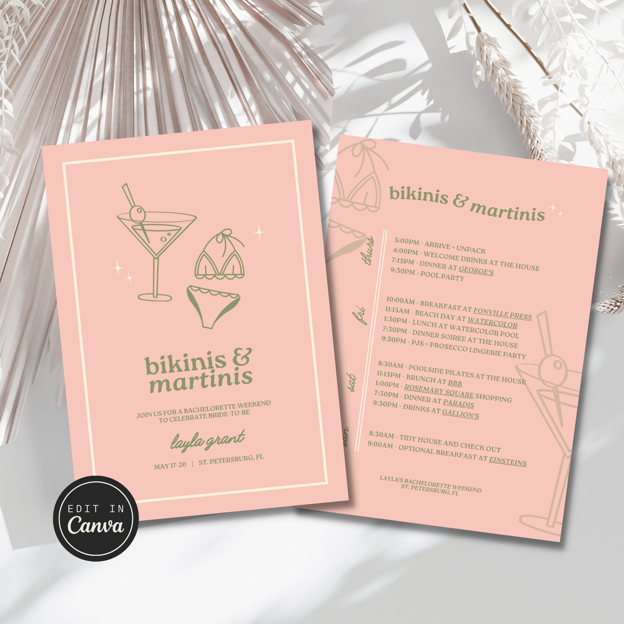 Bikinis and Martinis Invite, Tropical Bachelorette Party, Beach Trip Itinerary, Martini