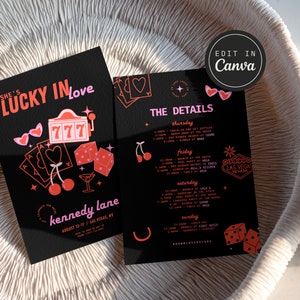 Invitación de despedida de soltera en Las Vegas + plantilla de itinerario / Plantilla editable de Canva de 5 x 7 / Descarga instantánea / Invitación a fiesta de casino + cronograma