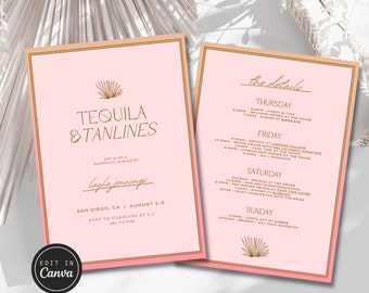 Boho bachelorette invitation + itinerary template, tequila and tanlines, 5x7 canva design, tulum bachelorette, cabo bachelorette, casamigos