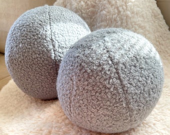 Handmade Boucle Ball Pillow: Grey Teddy Fabric Throw Cushion