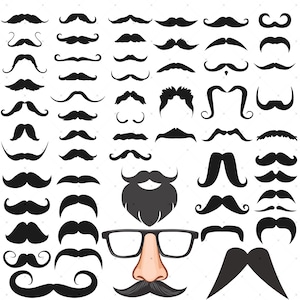 May include: A selection of black moustache designs in various styles, such as curly, straight, and handlebar. Also features a novelty item with a beard, glasses, and a nose. A vector illustration.