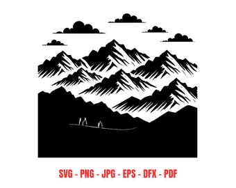 Mountain Landscape SVG, Nature Scene Cut File, Outdoor Adventure Clipart, Camping Decor, Mountain Range Silhouette Cloud Sky Design Wall Art