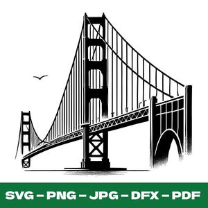 Puede incluir: Una silueta en blanco y negro del puente Golden Gate en San Francisco, California. El puente es un puente colgante con dos torres y una calzada.