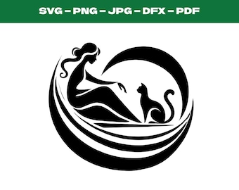 Silhueta de Mulher com Gato em SVG, Arte Digital da Mulher com Gato e Lua, Arquivo de Corte para Cricut, Design de Arte de Parede Feminina, Arquivos SVG para Impressão e Recorte