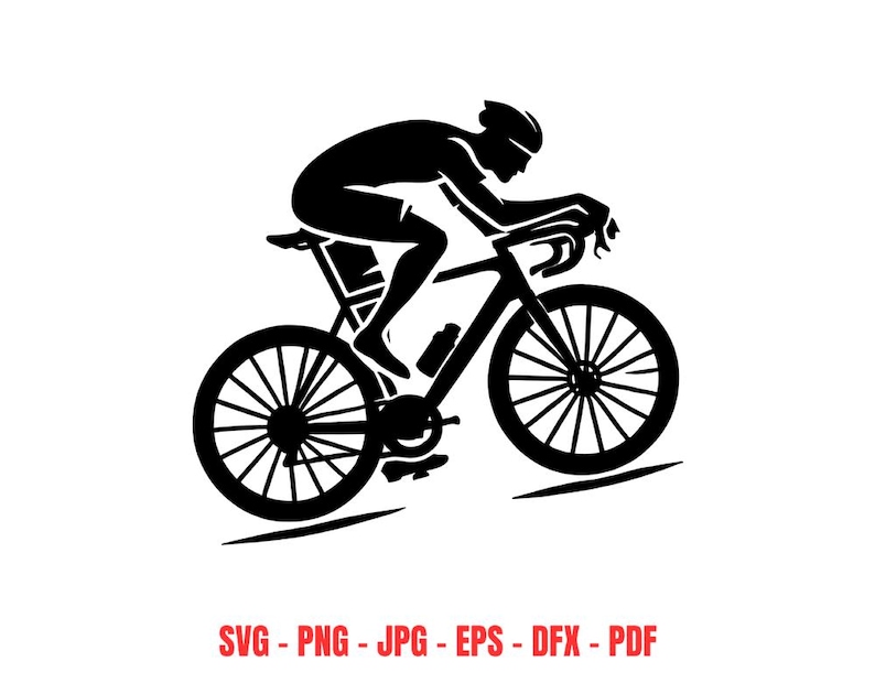 May include: Silhouette of a cyclist riding a road bike. The cyclist is wearing a helmet and is in a racing position. The bike has thin tires and a drop handlebar.