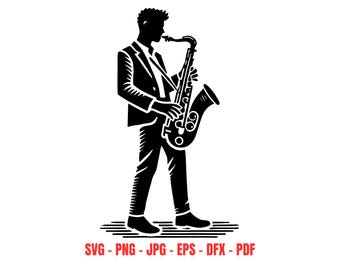 Silhueta de saxofonista de jazz, design digital, arte de parede musical, arquivo de corte SVG/DXF, decoração de banda de jazz, modelo de corte.