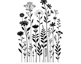 Arquivo SVG de flores silvestres boho campestres, silhueta de flores altas, arte de parede moderna com gramíneas de prado, arquivo de corte botânico com estética neutra