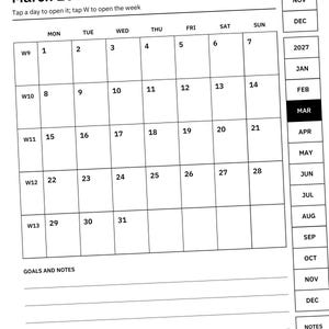May include: A digital calendar page for March 2027 with a grid layout showing days 1 through 31. The interface includes navigation arrows, a sidebar with months, and a section for goals and notes. Text reads March 2027, Tap a day to open it; tap W to open the week.