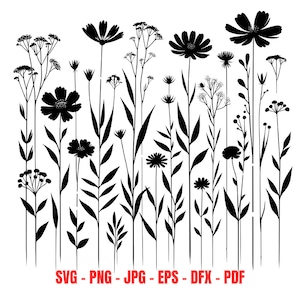 Wildflowers SVG, Meadow Silhouette, svg, png, eps, dxf, Floral svg, Botanical Clipart, Flower sketch svg, Wild flower svg, Instant Download