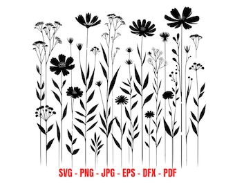 Sacola de pano e camiseta com estampa de margaridas em SVG para placas de casamento, decoração de parede de quarto infantil, silhueta de campo de flores silvestres de verão.