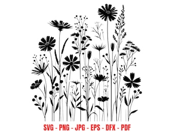 Wildflower Meadow SVG Dense Floral Border Cut File Digital Download for Cricut Botanical Wall Art Daisy Silhouette Flower PNG