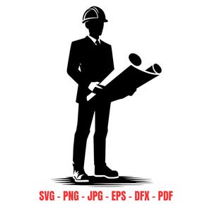 May include: Silhouette of an architect or engineer wearing a hard hat and holding a blueprint.