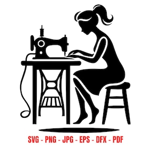 Sewing Machine SVG, Woman Seamstress Silhouette, Vintage Sewing Digital Download, Clipart for Cricut, Craft Room Decor png dxf eps pdf s vg