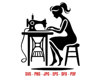 Arquivo SVG de máquina de costura, silhueta de costureira, download digital de costura vintage, clipart para Cricut, decoração de sala de artesanato (png, dxf, eps, pdf, s, vg)