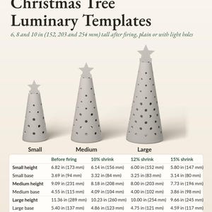 May include: Slab pottery templates for Christmas tree luminaries in small, medium, and large sizes. The graphic displays three conical shapes with star toppers and light holes, accompanied by a detailed chart of dimensions in inches and mm.