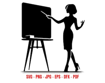 Silhueta elegante de professora em SVG, mulher apresentando em frente ao quadro-negro, clipart educacional, decoração de sala de aula, design vetorial escolar.