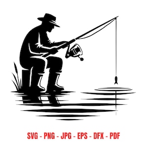 Könnte beinhalten: Eine schwarze Silhouette einer Person, die am Ufer eines Flusses angelt. Die Person trägt einen Hut und hält eine Angelrute mit einer Rolle. Die Angelschnur ist im Wasser und ein Fisch hängt am Haken.