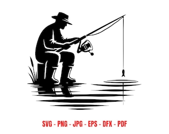 Arquivo SVG de pesca, silhueta de pescador, arquivo de corte para pescador, clipart de vara de pesca, hobby de lago, rio e oceano, presente para o Dia dos Pais, design para Cricut, faça você mesmo
