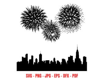 Skyline de Nova York com Fogos de Artifício de Ano Novo em SVG, PNG, JPG, ESP, DXF e PDF - Arquivos de Corte para Silhouette e Cricut - Download Instantâneo