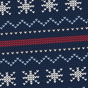 May include: A dark blue knit fabric featuring a repeating pattern of white snowflakes, light blue zigzag lines, small cream-colored dots, and a solid horizontal red stripe. The texture displays a consistent, detailed knitted stitch throughout.