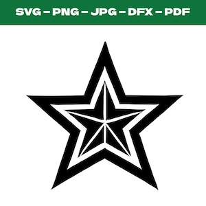 May include: A black and white star with a five-pointed design. The star is outlined in black and has a white interior.