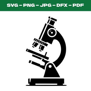 May include: A black and white silhouette of a microscope. The microscope has a round base and a long, thin arm with a lens at the top.