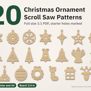 May include: A digital collection of 20 Christmas ornament scroll saw patterns featuring various shapes like snowflakes, stars, trees, bells, and an angel. The text reads 20 Christmas Ornament Scroll Saw Patterns, Full size 1:1 PDF, starter holes marked, PDF Letter and A4, Board 1/4 in.