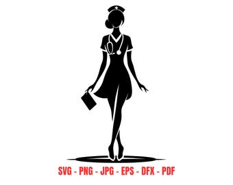 Elegant Nurse SVG Nurse Silhouette Cut File Digital Download for Cricut Healthcare Worker Woman RN Medical Scrubs Wall Art PNG
