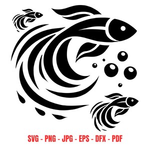 Pode incluir: Silhueta preta e branca de um peixe com barbatanas fluidas e bolhas. O peixe é estilizado e tem uma forma circular.