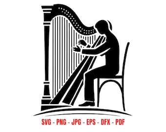Harpista svg Instrumento Musical Arte Digital Orquestra Músico Silhueta Música Clássica Decoração de Parede Concertista Vetor Design Cricut