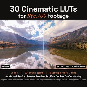 May include: A digital product display featuring 30 Cinematic LUTs for Rec.709 footage. The image shows a split-screen comparison of a mountain lake landscape labeled Before and After WF01 Golden Hour. Text includes file specs and software compatibility.
