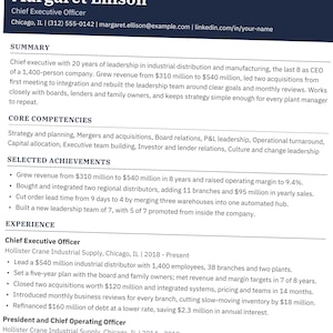 May include: A professional resume for Margaret Ellison, Chief Executive Officer, featuring sections for summary, core competencies, selected achievements, and experience at Hollister Crane Industrial Supply in Chicago, Illinois.