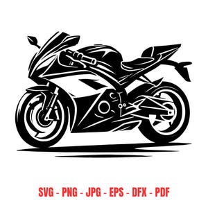 May include: A black and white silhouette of a motorcycle with a sleek design. The motorcycle has a large front wheel and a smaller rear wheel. The motorcycle is facing to the right.