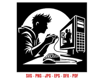 Gamer SVG Gaming Setup Silhouette Cut File Digital Download for Cricut Video Game Player Headset Gamer Boy Room Wall Art PNG