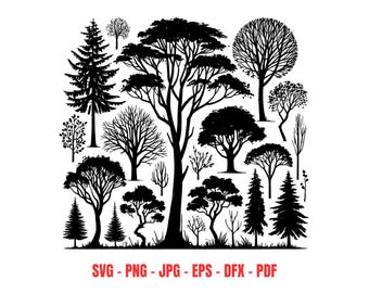 Silhueta de árvore em SVG, clipart de natureza florestal, elementos de design de paisagem de bosque, download digital para Cricut, conjunto de gráficos vetoriais de árvores