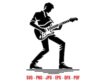 Silhueta de guitarrista de rock svg, arquivo de corte para guitarrista, design digital musical, arte de guitarra elétrica, uso comercial, arquivo de corte para Cricut png eps dxf