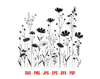 Tall Wildflower SVG Delicate Flower Stems Minimalist Botanical Cut File Digital Download Boho Floral Wall Art Airy Meadow PNG