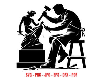 Sculptor Artist SVG, Stone Carving Silhouette, Craftsman at Work, Statue Making Digital File, Sculpting Art Print, Craft Workshop Clipart