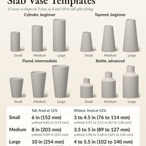 May include: Slab pottery templates for 12 vases in 4 shapes: cylinder, tapered, flared, and bottle. Each shape comes in small, medium, and large sizes. A chart lists dimensions in inches and millimeters for tall and widest points.
