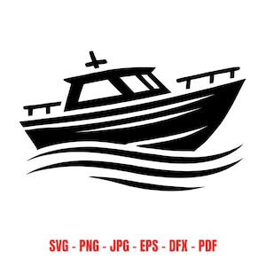 Fishing boat svg Motorboat clipart Powerboat silhouette Nautical vessel cut file Marine transportation digital download Boat on waves design