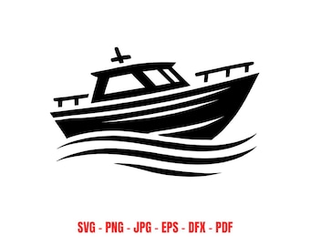 SVG de barco de pesca, clipart de lancha, silhueta de barco a motor, arquivo de corte de embarcação náutica, download digital de transporte marítimo, desenho de barco nas ondas.
