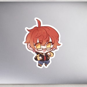 May include: A sticker featuring a cartoon character with red hair, wearing glasses and a black jacket. The character is smiling and has a yellow glow around them.