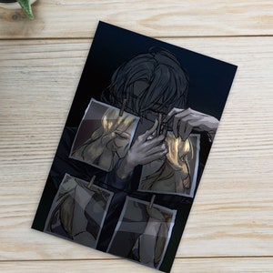 May include: A black and white illustration of a person holding up four photographs. The person is wearing a dark shirt and has short, dark hair. The photographs are of a person with long, blonde hair.