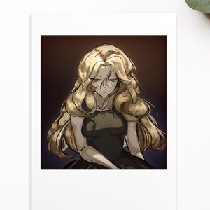 May include: A digital illustration of a woman with long blonde hair wearing a black dress. She is looking down with a sad expression. The background is a dark brown color with a soft glow around her.