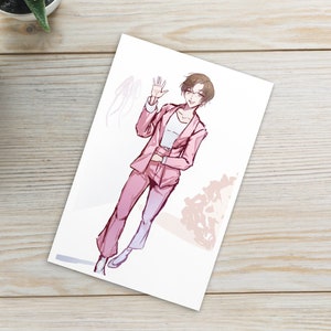 May include: A digital illustration of a person wearing a pink suit and waving. The person has brown hair and is standing in front of a light pink background with a floral design.