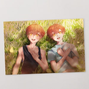 May include: Two cartoon characters with orange hair and yellow eyes are lying in a field of green grass. They are both smiling and have their hands on their chests. The character on the left is wearing a black tank top and the character on the right is wearing a light blue shirt.