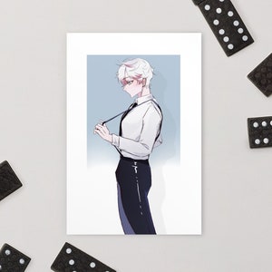 May include: A digital illustration of a young person with white hair and pink eyes wearing a white shirt, black pants, and a black tie. The person is holding a black strap in their hand.