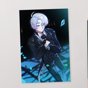May include: A digital illustration of a young man with white hair and pink highlights wearing a black suit and a white shirt with a black bow tie. He is standing in a dark room with blue and white lights.
